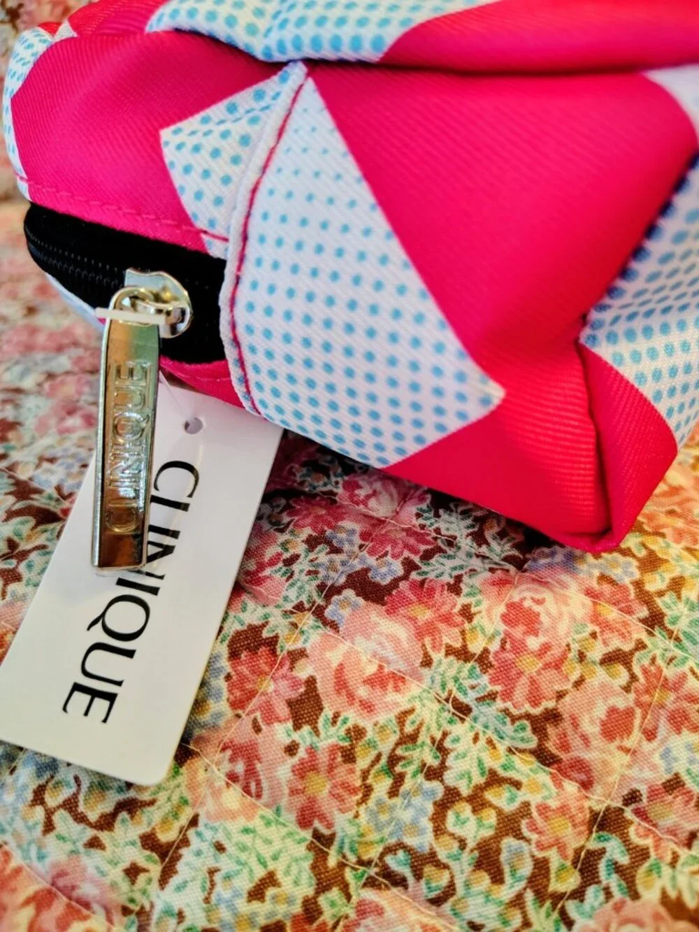NWT Clinique Make Up Bag Cosmetics Pink & Blue Chevron